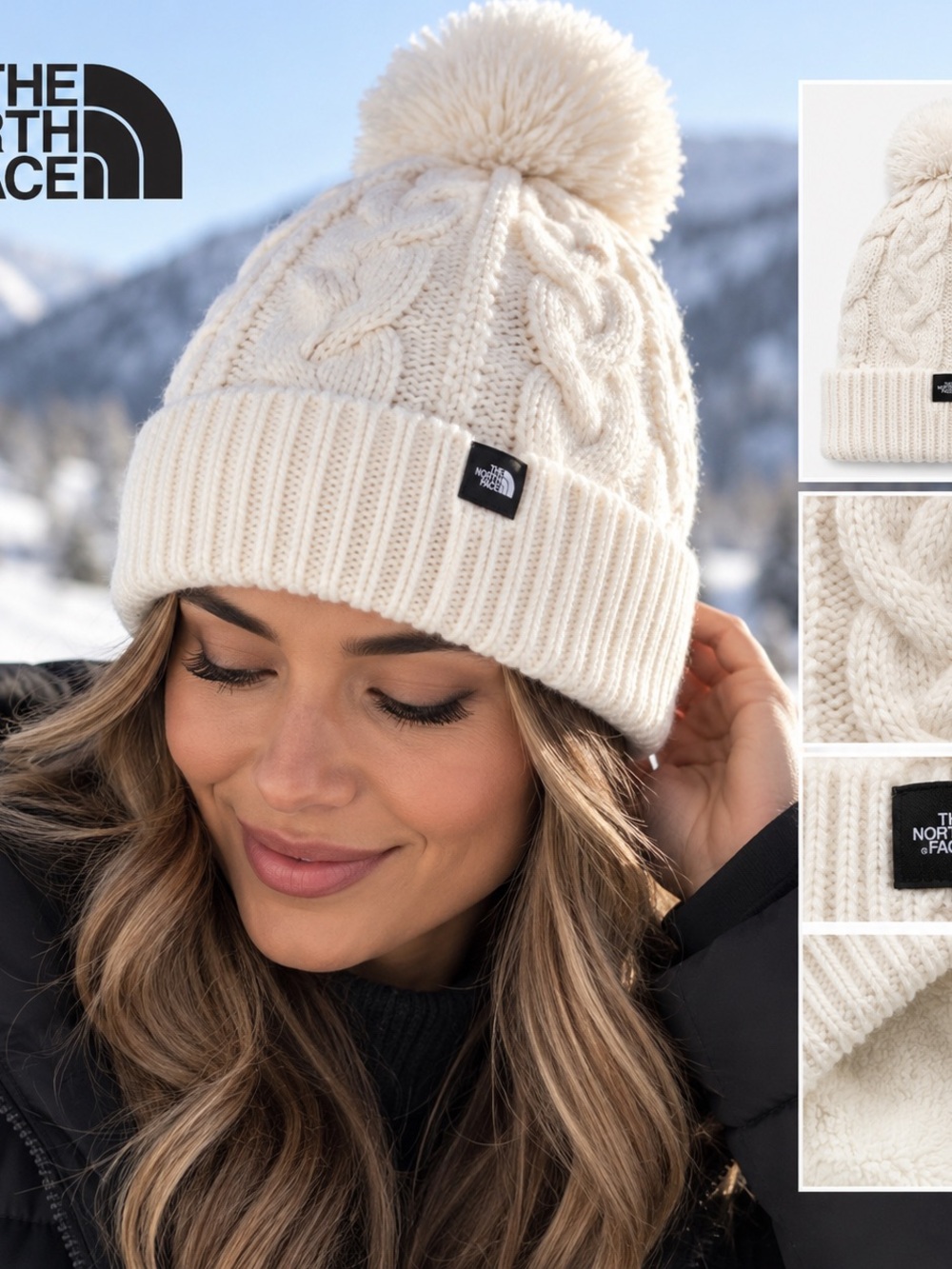 The North Face Women’s Cable Minna Pom Beanie Cream Fleece Lined One Size